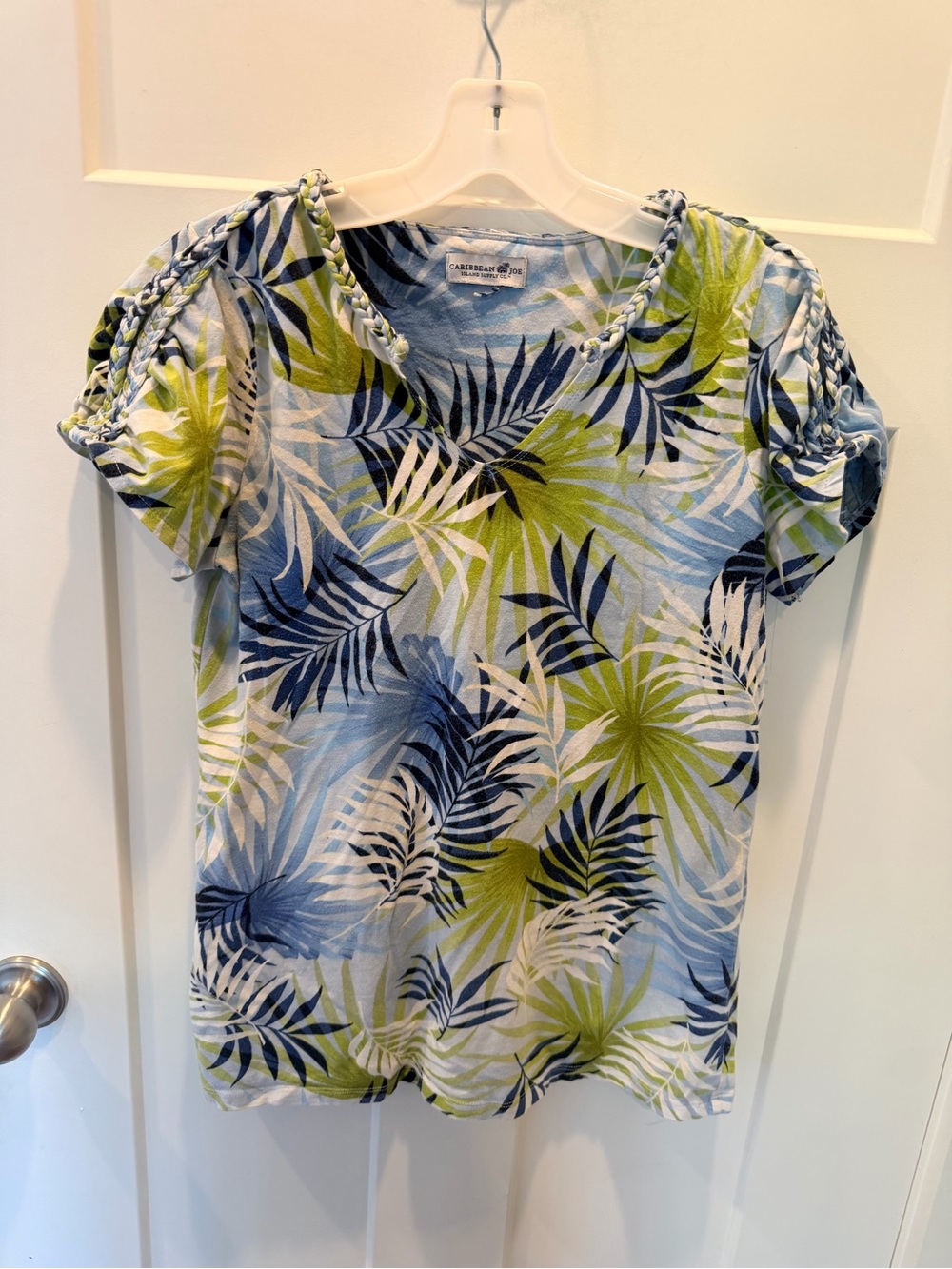 Caribbean Joe Medium Tropical Palm Print Braided Shoulder Resort Top